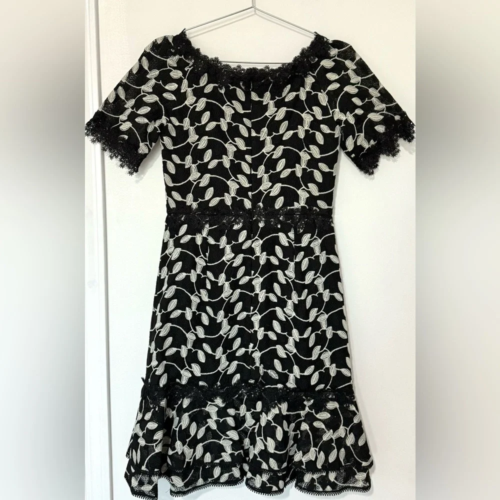 Shani NWT Black/White Two Tone Lace Bateau Neck Ruffle Hem Dress - Picture 4 of 10